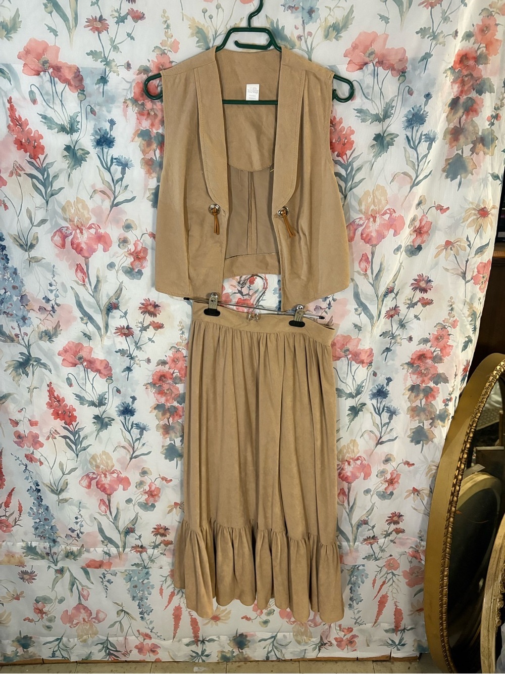 Vintage Beige Two-Piece Suede-Look Vest & Skirt Set - Picture 1 of 12